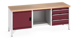 41002070.** Bott Cubio Storage Workbench 2000mm wide x 750mm Deep x 840mm high supplied with a Multiplex (layered beech ply) worktop, 3 x drawers (2 x 150mm & 1 x 200mm high), 1 x 350mm high integral storage cupboards and 1 x open mid section with half...